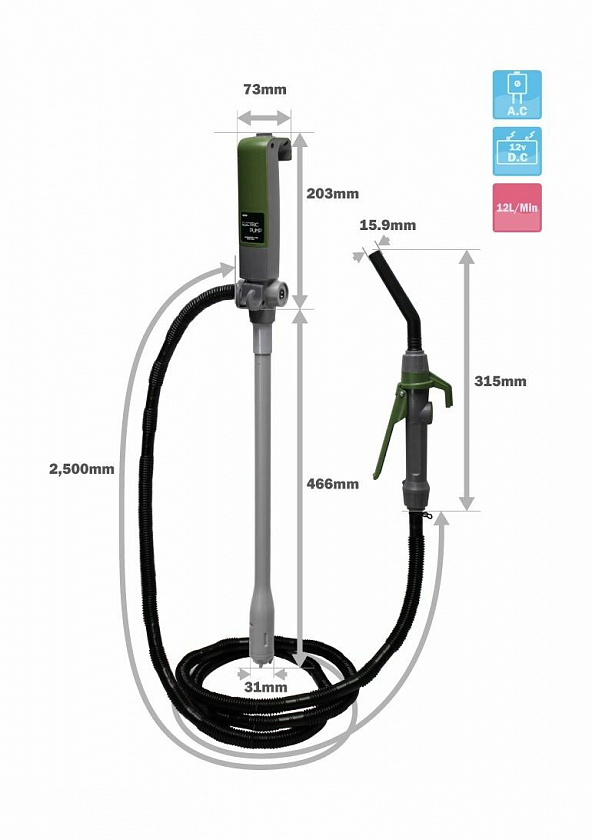 Насос электрический Dukshin 12 В (вольт) для перекачки топлива, с заправочным пистолетом (DEP-1504-12B)